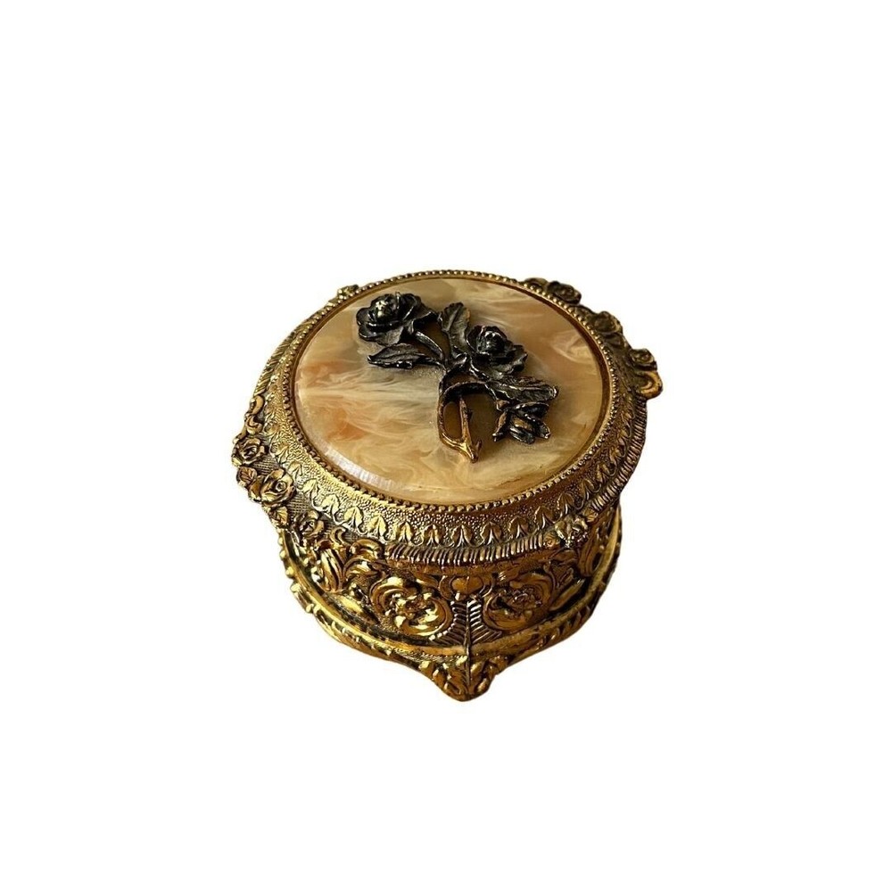 Vintage SANKYO JAPAN MUSIC/ PILL BOX Round Marble Top Rose Detail Feelings